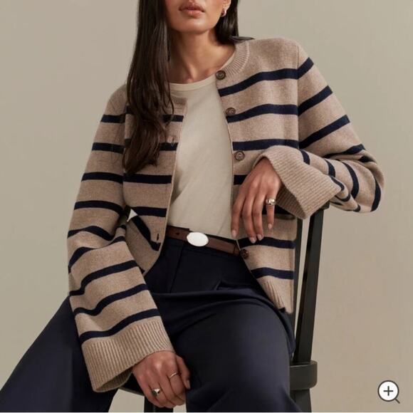 Jenni Kayne Cooper Button Wool Cashmere Knit Cardigan Sweater Taupe Navy Stripe - Picture 2 of 11